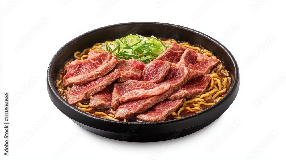 Delicious ramen bowl with beef slices isolated on white background Delicious ramen bowl with beef slices isolated on white background
