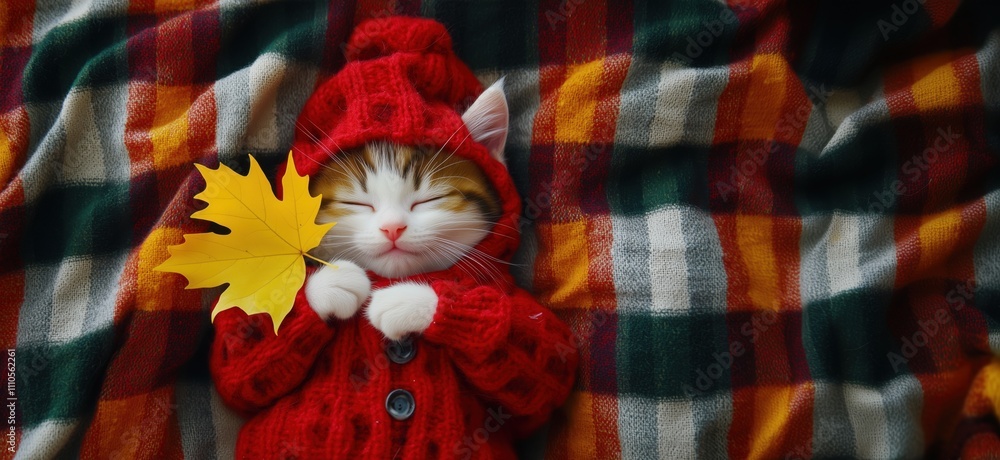 Naklejka premium Cute cat in red hoodie with autumn leaf, cozy blanket background, playful expression, warm colors, copy space for text