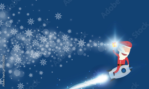 2025 Typographical Christmas and New Year Greetings on a Shiny Xmas Santa claus drive rocket launch and smoke through cloud into space.