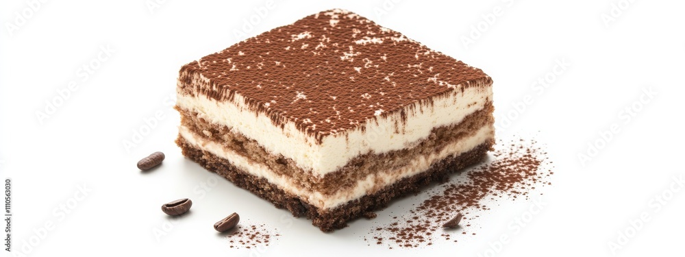 A slice of decadent tiramisu with cocoa dusting, isolated white background, realism art style A slice of decadent tiramisu with cocoa dusting, isolated white background, realism art style