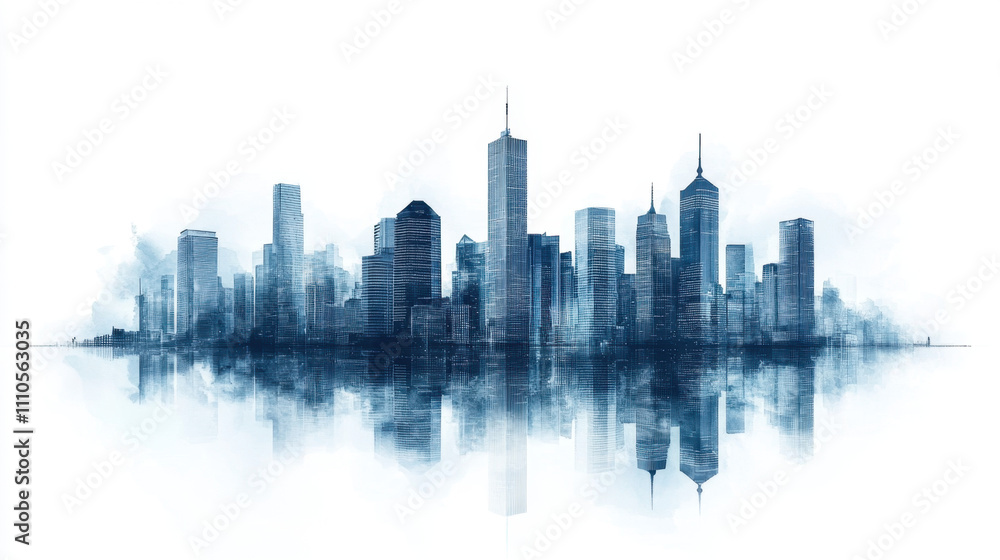 Laissez-Faire Capitalism. A serene blue silhouette of a city skyline reflected on water, showcasing modern architecture with a misty ambiance. Laissez-Faire Capitalism. A serene blue silhouette of a city skyline reflected on water, showcasing modern architecture with a misty ambiance.
