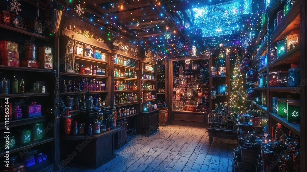A beautifully decorated store with Christmas lights twinkling around the shelves and displays, casting a magical glow on the various holiday-themed items inside A beautifully decorated store with Christmas lights twinkling around the shelves and displays, casting a magical glow on the various holiday-themed items inside