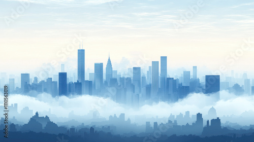 Laissez-Faire Capitalism. A serene skyline shrouded in mist, featuring tall buildings and a soft blue color palette, evoking a tranquil urban atmosphere.