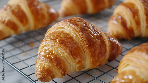 Flaky and golden croissants cooling on a wire rack. Their glossy, buttery layers reflect light, showcasing perfect texture and freshness. A classic French pastry ready to enjoy.