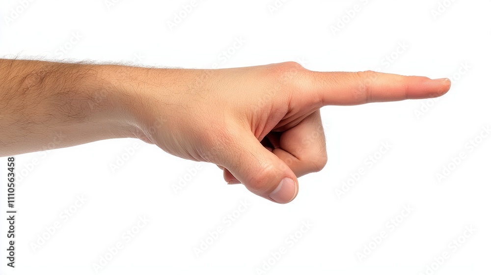 Hand pointing to the side with the index finger extended, isolated on a clean white background. Ideal for concepts of direction, instruction, or emphasis.