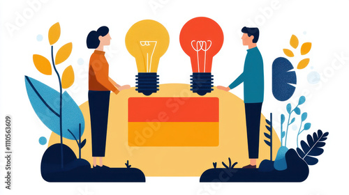 Laissez-Faire Capitalism. Two people share ideas symbolized by light bulbs, surrounded by plants, representing innovation and collaboration. photo