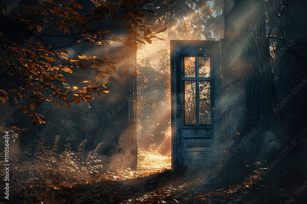 Fantastically door in wild forest leading to deep unknown Fantastically door in wild forest leading to deep unknown