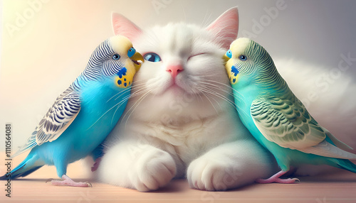 cute white cat playing with blue budgie and green budgie