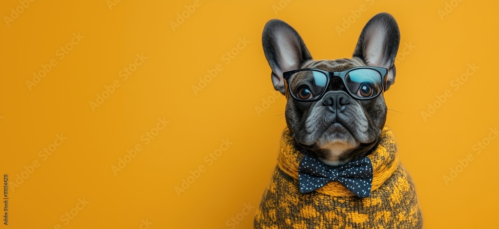 Stylish French Bulldog wearing glasses and bow tie, bright orange background, cozy sweater, adorable expression, copy space for text Stylish French Bulldog wearing glasses and bow tie, bright orange background, cozy sweater, adorable expression, copy space for text