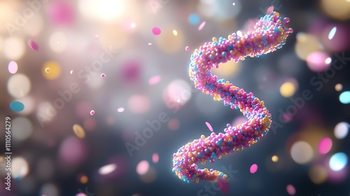 Colorful abstract representation of a DNA helix with sparkling bokeh background. Vibrant colors and dynamic design evoke the beauty and complexity of genetic structures.