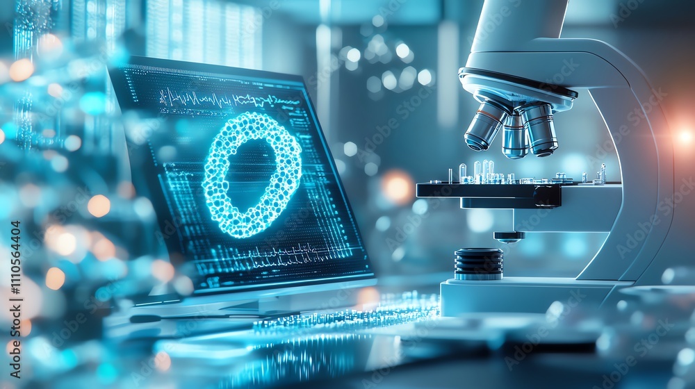 Futuristic laboratory featuring a modern microscope and digital display with scientific data Futuristic laboratory featuring a modern microscope and digital display with scientific data