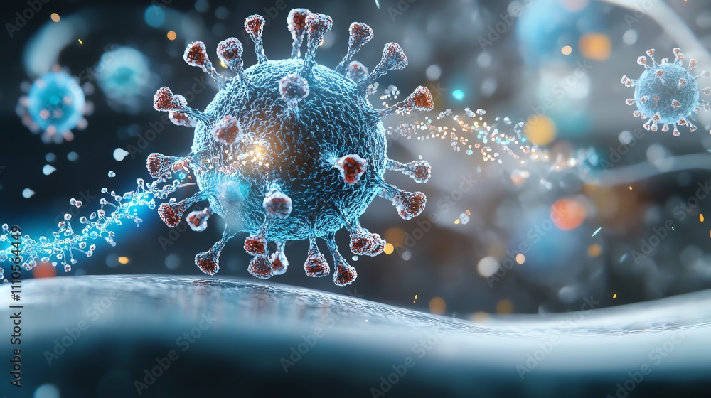 Intricate 3D visualization of a virus particle under a microscope, highlighting its detailed structure in a vibrant, high-resolution format. Intricate 3D visualization of a virus particle under a microscope, highlighting its detailed structure in a vibrant, high-resolution format.
