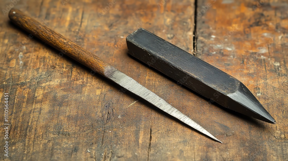 An old woodworking tool, a chisel, with its handle and a wooden mallet. An old woodworking tool, a chisel, with its handle and a wooden mallet.