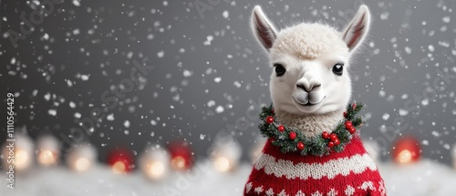 A adorable animal Christmas themed, A cute llama in a festive red sweater adorned with a wreath, set against a snowy background with soft glowing lights. photo