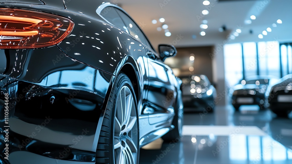 Close up of a new black car on a showroom floor. Close up of a new black car on a showroom floor.