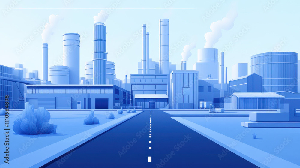 Obraz premium Laissez-Faire Capitalism. A stylized, blue-toned illustration of an industrial landscape featuring factories, smokestacks, and a road, conveying a modern manufacturing environment.
