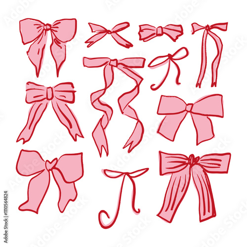 Coquette pastel pink pretty charming vector clipart Illustration bundle, cute doodle hair accessories decor set, boho flat girl bow accessory. Ribbon isolated hand-drawn art. Trendy girly fancy