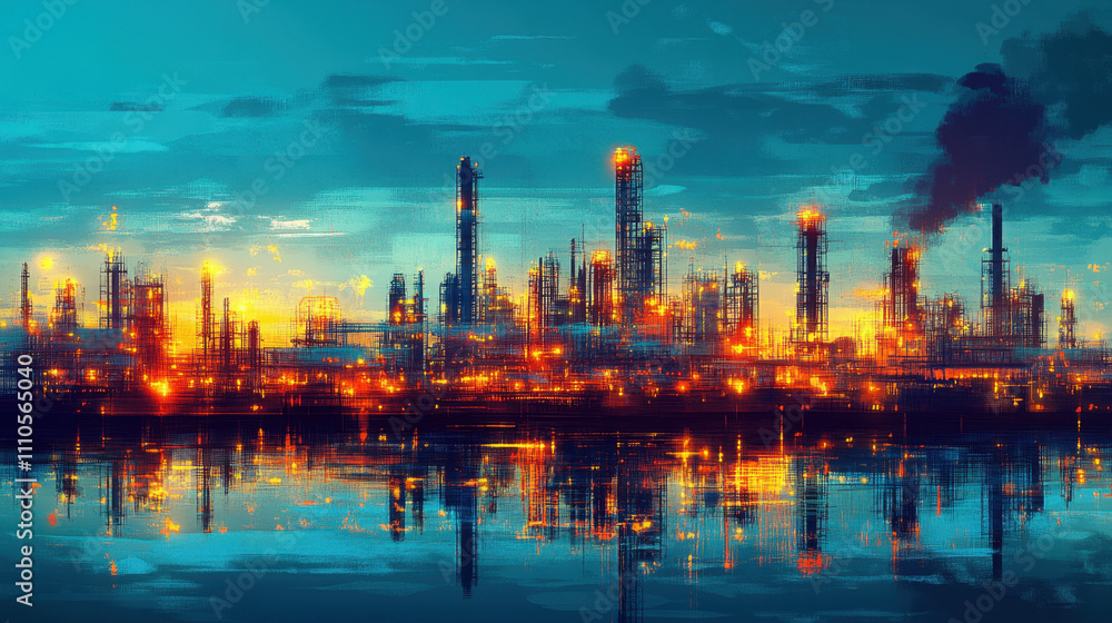 Naklejka premium Laissez-Faire Capitalism. A vibrant industrial landscape at dusk, featuring illuminated refineries and smokestacks reflecting on water, conveying energy and environmental contrasts.