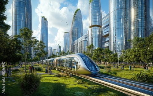 A futuristic monorail passing through a city filled with towering glass buildings and green parks, blending innovation with urban beauty.