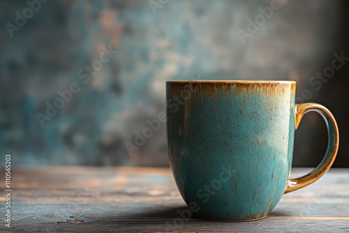 Rustic Ceramic Mug on Weathered Wooden Tabletop with Textured Background photo