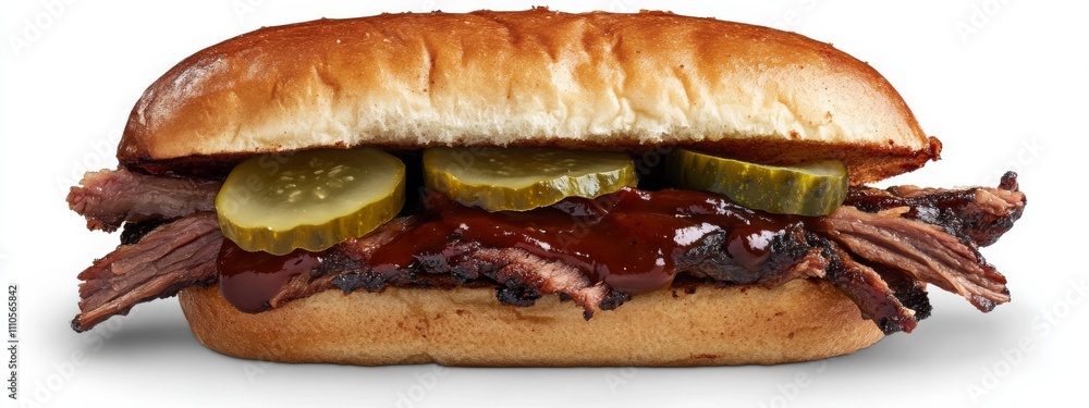 A smoky BBQ brisket sandwich with pickles and a tangy BBQ sauce on a soft brioche bun, isolated white background, realistic art style A smoky BBQ brisket sandwich with pickles and a tangy BBQ sauce on a soft brioche bun, isolated white background, realistic art style