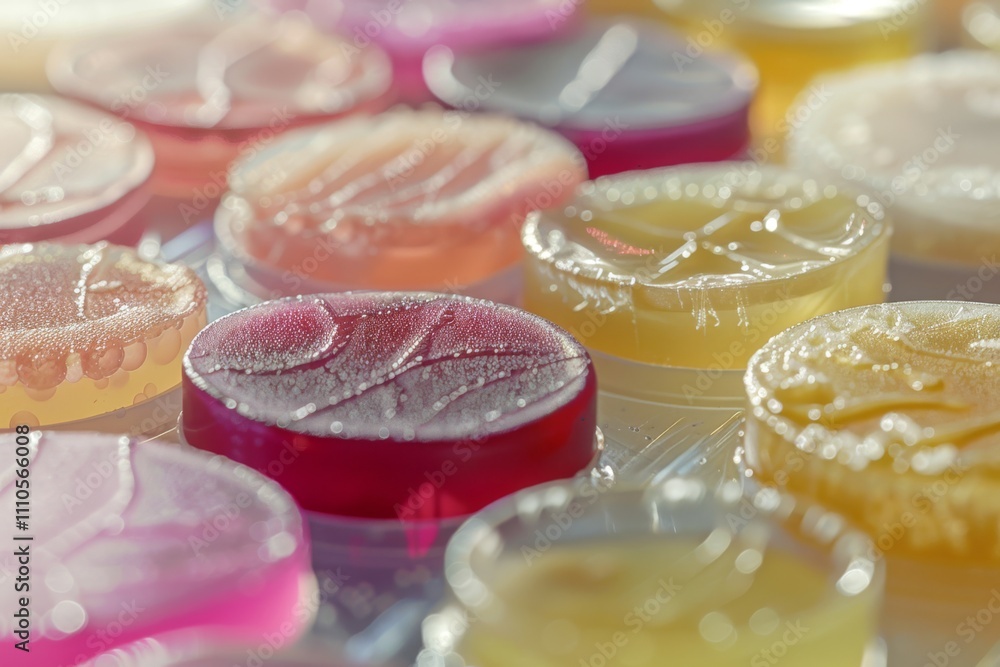 A close-up of bacterial colonies with distinct morphological characteristics, such as smooth, rough, and mucoid textures, on a single agar plate A close-up of bacterial colonies with distinct morphological characteristics, such as smooth, rough, and mucoid textures, on a single agar plate