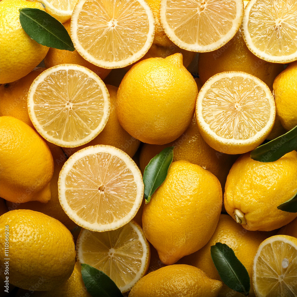 Lemons fruit whole and cut slices with green leaves background. Texture top view. Organic natural food Lemons fruit whole and cut slices with green leaves background. Texture top view. Organic natural food