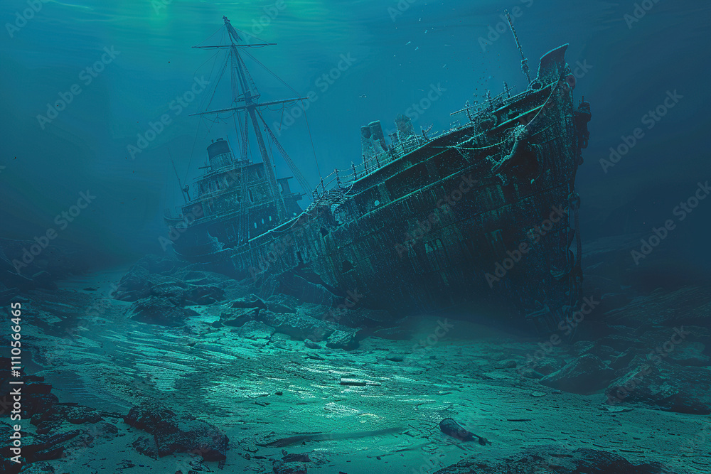Underwater view of an sunken ship on seabed with fish swimming around Underwater view of an sunken ship on seabed with fish swimming around