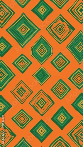 Green Octagon pattern hand drawn design on Orange background illustration