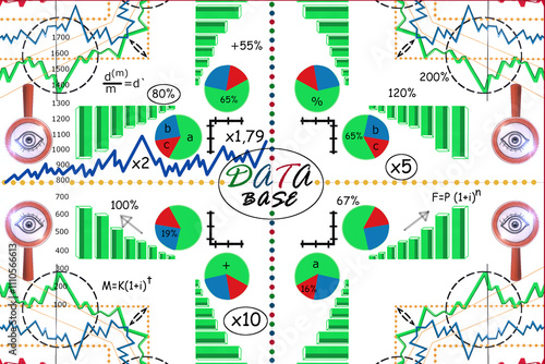Base de datos múltiple. Tabla con gráfica de mercado, finanza, economía y bolsa con fórmulas, porcentajes, vectores y análisis gráfico photo