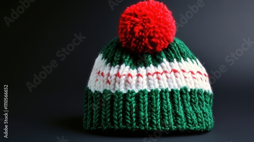 A cheerful wool Christmas hat featuring alternating green and white stripes, complete with a festive red pom-pom.