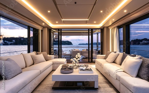 Elegant yacht living room with panoramic windows and modern finishes. Soft lighting and refined furniture for a high-end maritime experience. photo