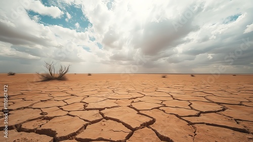 Panoramic Drought Landscape - Dry Earth, Cloudy Sky