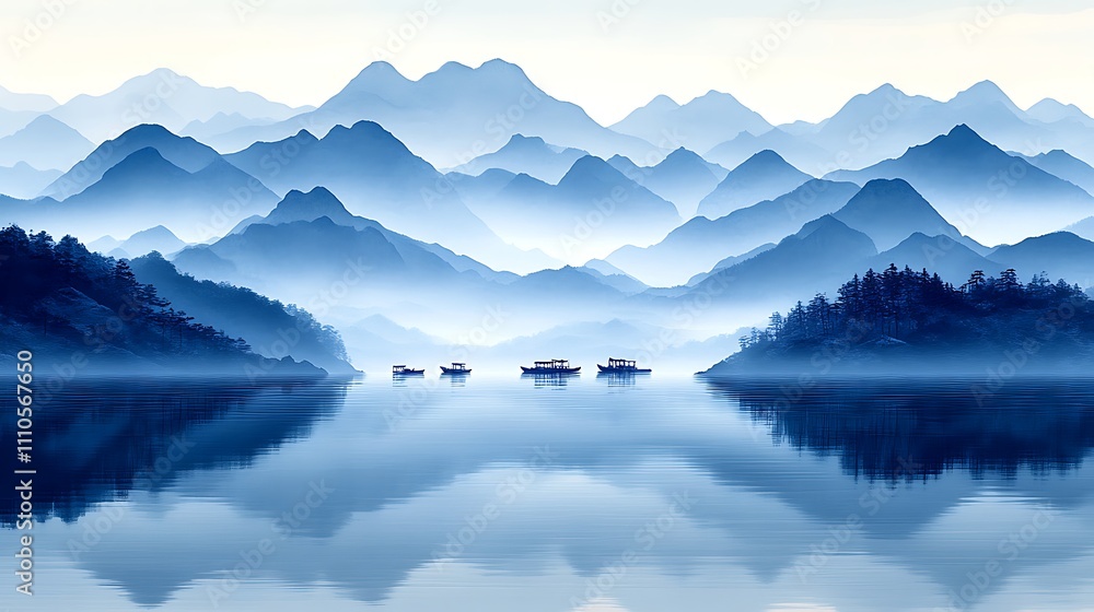 Serene Blue Mountains Lake Landscape with Boats Serene Blue Mountains Lake Landscape with Boats