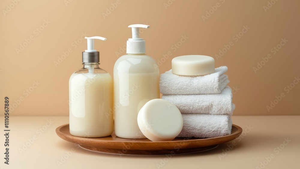 Cosmetic product such as liquid soap and white round soap bars, towel stack on wooden plate. Studio picture with light brown background. Color of 2025 year - Mocha Mousse Cosmetic product such as liquid soap and white round soap bars, towel stack on wooden plate. Studio picture with light brown background. Color of 2025 year - Mocha Mousse