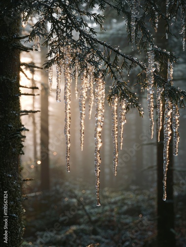 Wallpaper Mural Tranquil Ice Formations Hanging from Pine Branches in a Mystical Forest at Sunrise, Capturing the Beauty of Nature’s Frosty Splendor and Serene Atmosphere Torontodigital.ca