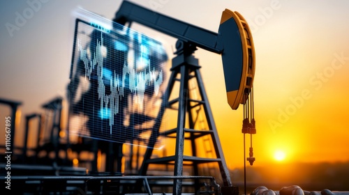 Oil Pump Jack Operating at Sunset in a Rural Landscape Technology and Industry Illustration Natural Environment Wide Angle Perspective photo