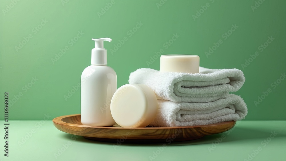 Cosmetic product such as liquid soap and white round soap bars, towel stack on wooden plate. Studio picture with light green background Cosmetic product such as liquid soap and white round soap bars, towel stack on wooden plate. Studio picture with light green background