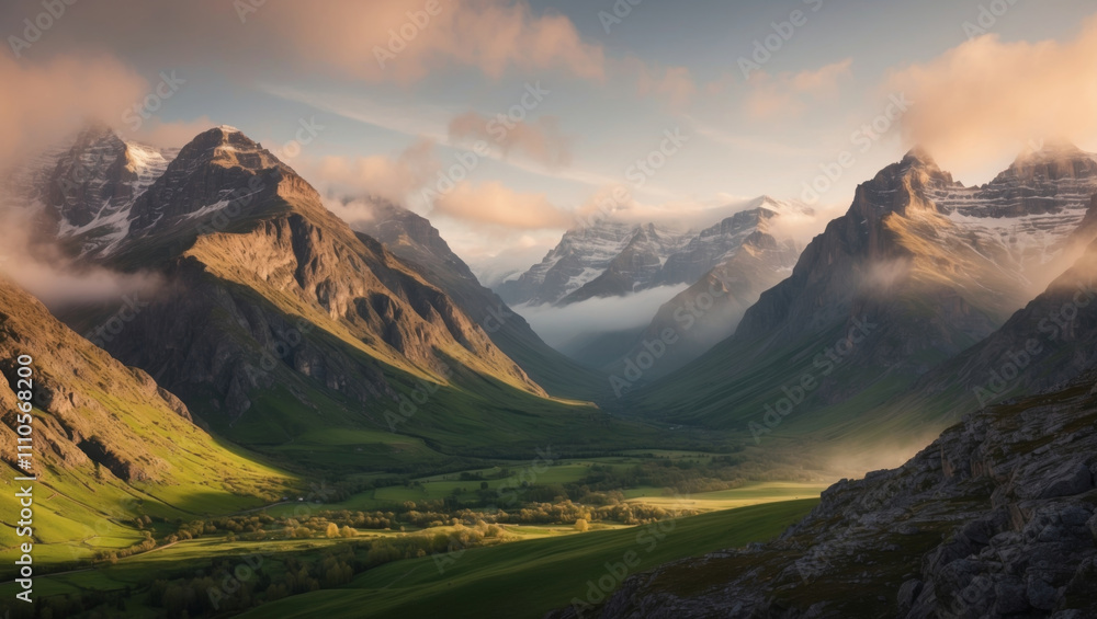 Majestic mountains reveal a tranquil valley shrouded in morning mist Majestic mountains reveal a tranquil valley shrouded in morning mist
