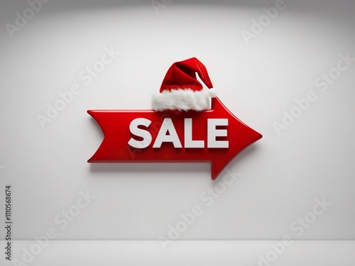 Business offer, banner, pointer sign with the inscription sale, decorated with a red New Year's cap, seasonal winter sale photo