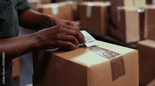 A detailed view of a personâs hands taping up a box and affixing a return label, with other packages stacked nearby photo