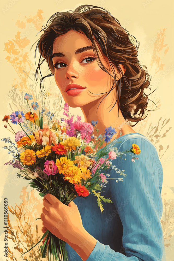 Naklejka premium Young woman with wildflower bouquet in pastel floral background