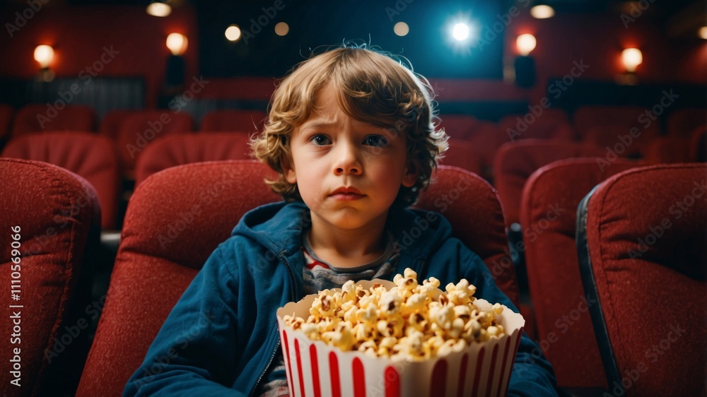 Young boy enjoying popcorn while watching a movie in a cinema Young boy enjoying popcorn while watching a movie in a cinema