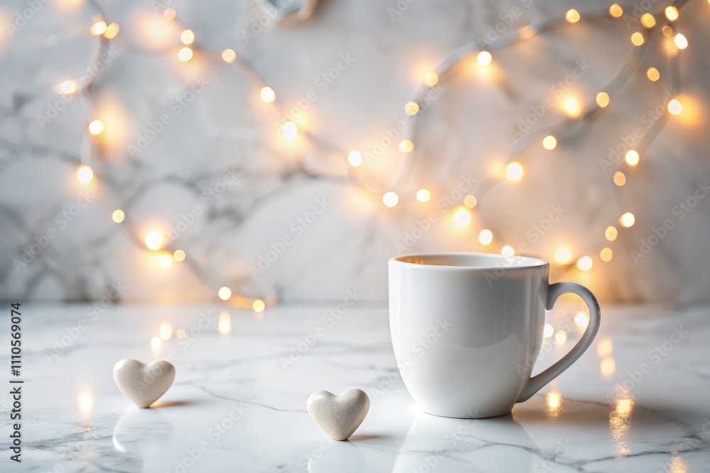 Obraz premium Romantic Valentine’s Day Coffee Cup Mockup on White Marble with Soft Glowing Hearts in the Background – Perfect for Love-Themed Marketing and Product Displays