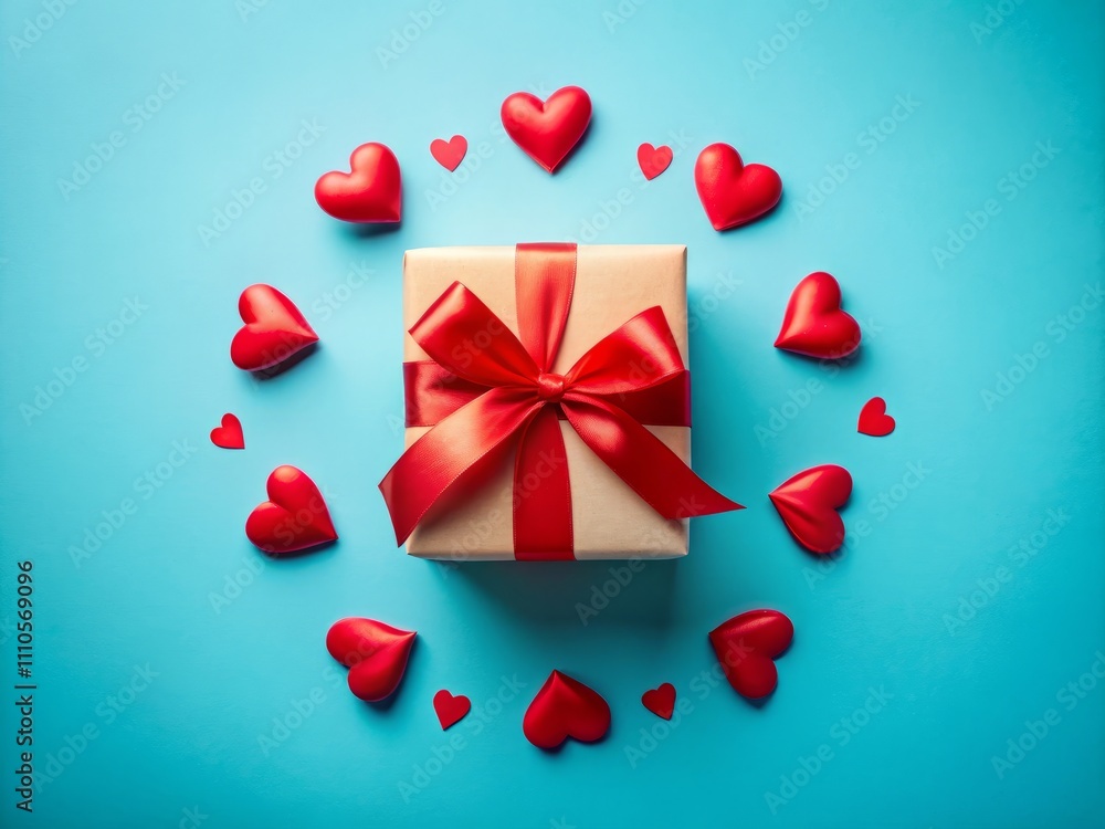 Romantic Valentine's Day Flat Lay with Gift Box, Red Bow, and Fabric Hearts on Blue Background, Perfect for Love-Themed Designs and Greeting Cards Romantic Valentine's Day Flat Lay with Gift Box, Red Bow, and Fabric Hearts on Blue Background, Perfect for Love-Themed Designs and Greeting Cards