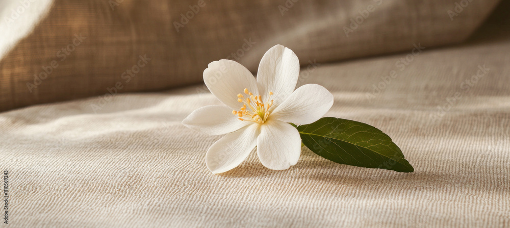 Delicate white blossom enhancing the warmth of natural fabric Delicate white blossom enhancing the warmth of natural fabric