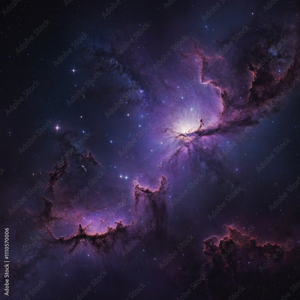 Fototapeta premium A mesmerizing glowing purple space background featuring a cosmic expanse filled with radiant stars, ethereal nebulae, and shimmering light trails, evoking a sense of wonder and infinite possibilities.