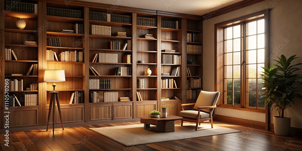 Serene Library Corner with Empty Shelves and Blank Wall, Perfect for Contemplation, Study, or Reading in a Quiet Space, Ideal for Creating a Cozy Atmosphere and Inspiration Serene Library Corner with Empty Shelves and Blank Wall, Perfect for Contemplation, Study, or Reading in a Quiet Space, Ideal for Creating a Cozy Atmosphere and Inspiration