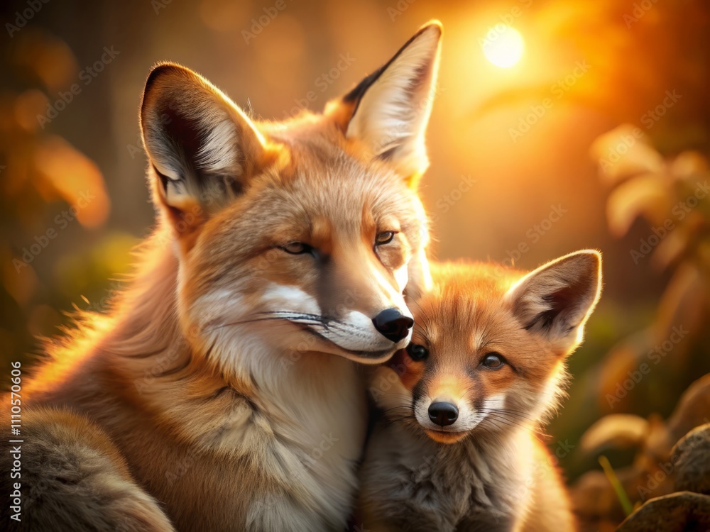 Obraz premium Serene Moment: A Long Exposure Capture of a Fox Parent and Cub Snuggled Together in a Cozy Embrace, Eyes Closed, Resting Peacefully in a Tranquil Natural Setting
