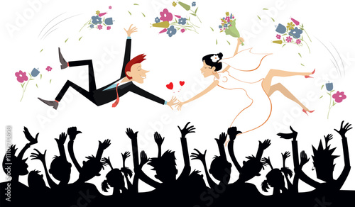 Wedding ceremony. Happy married wedding couple. Married wedding couple is tossed up by friends and guests	